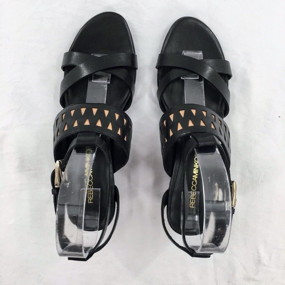 Rebecca Minkoff Sandals Black Tan Leather Gladiator Strappy Wedge Sz 7 - Picture 6 of 8